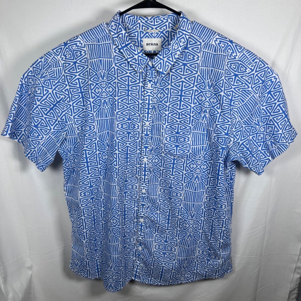 Prana Button Down Shirt Mens XXL Blue White Geometric Tribal Print
